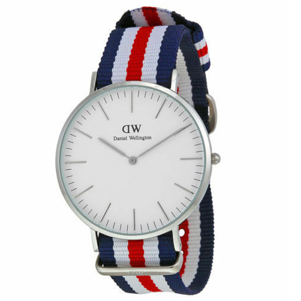 DW Daniel Wellington 經典藍白紅帆布腕錶-銀框/40mm(0202DW)