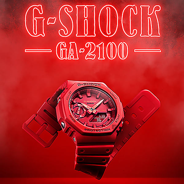 CASIO 卡西歐 G-SHOCK 耐衝擊八角雙顯電子錶-紅 GA-2100-4A
