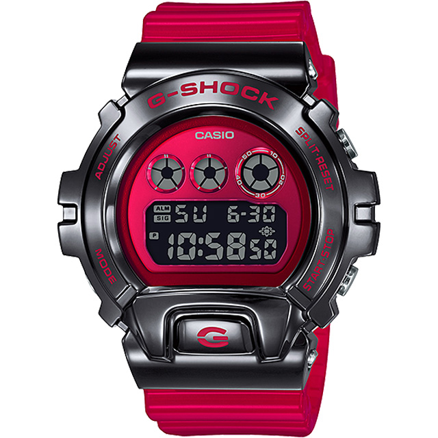 【CASIO 卡西歐】G-SHOCK Metal Bezel 街頭嘻哈風耐衝擊數位橡膠腕錶/紅x黑框(GM-6900B-4DR)