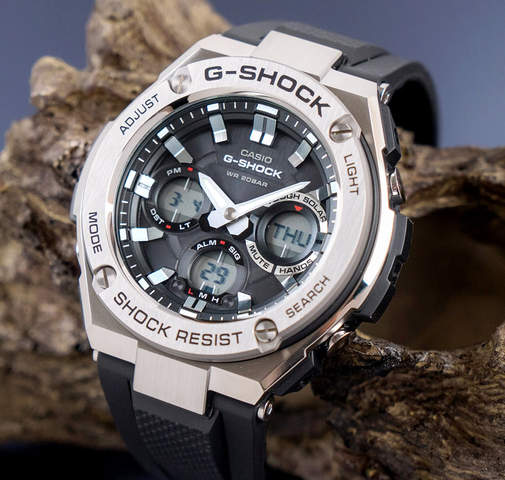 【CASIO 卡西歐】G-SHOCK 強悍太陽能雙顯運動錶-黑x銀(GST-S110-1ADR)