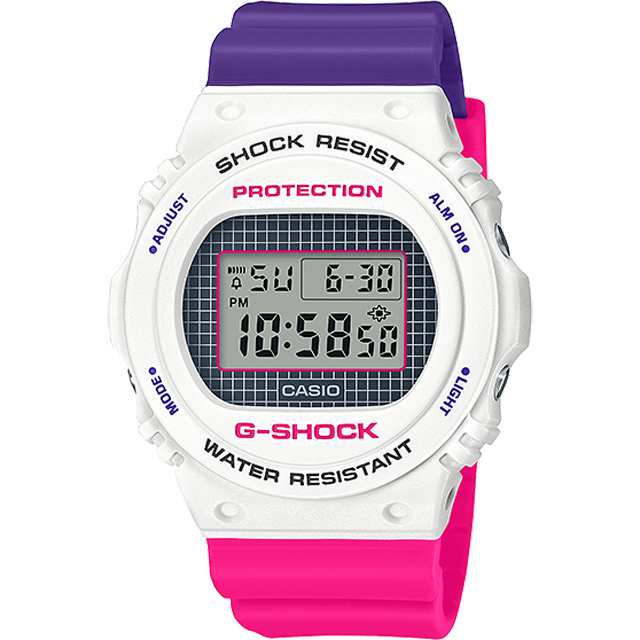 【CASIO卡西歐】G-SHOCK 圓形格紋撞色數位橡膠腕錶/桃紫x白(DW-5700THB-7DR)