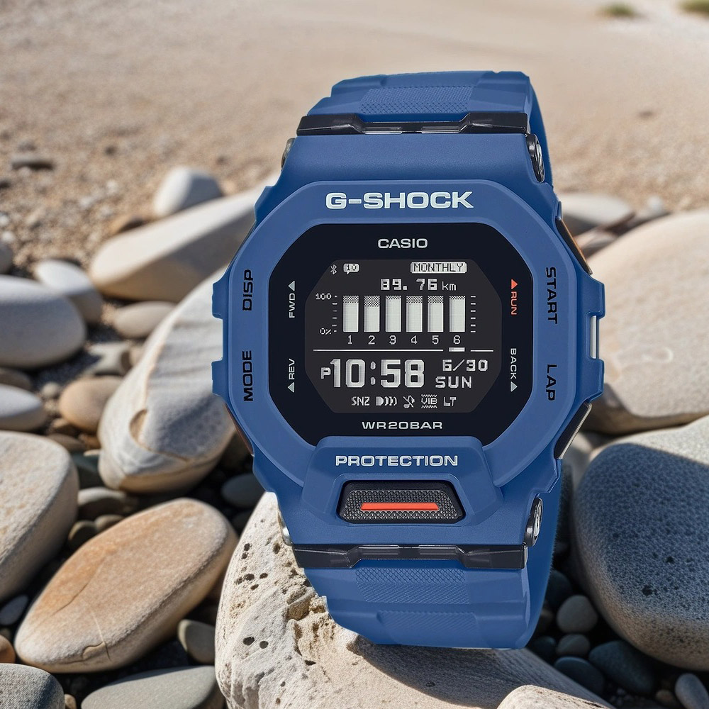 CASIO 卡西歐 G-SHOCK 纖薄運動系藍芽計時手錶-海軍藍 GBD-200-2