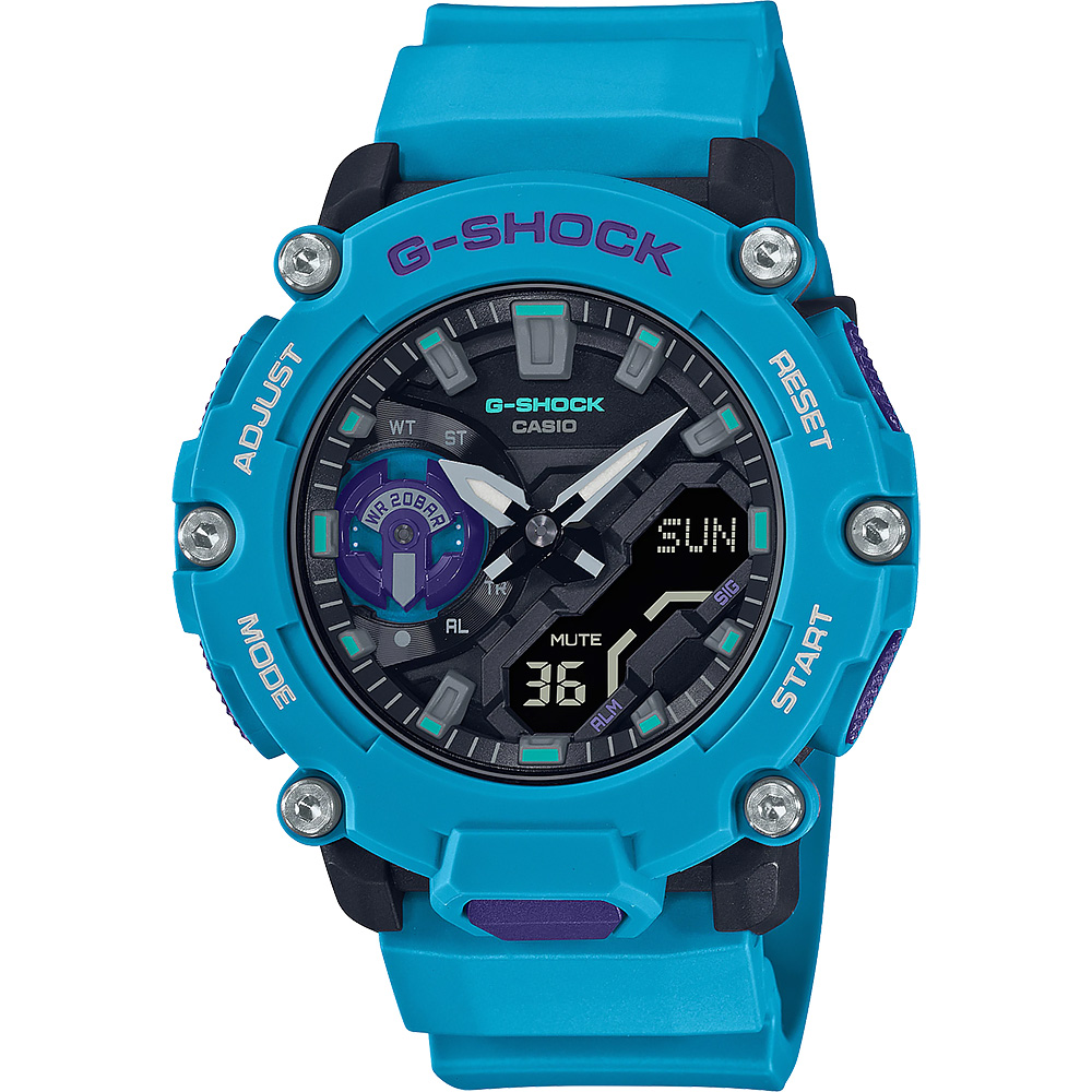 CASIO 卡西歐 G-SHOCK 一起冒險去 碳核心防護構造雙顯計時手錶-藍綠 GA-2200-2A
