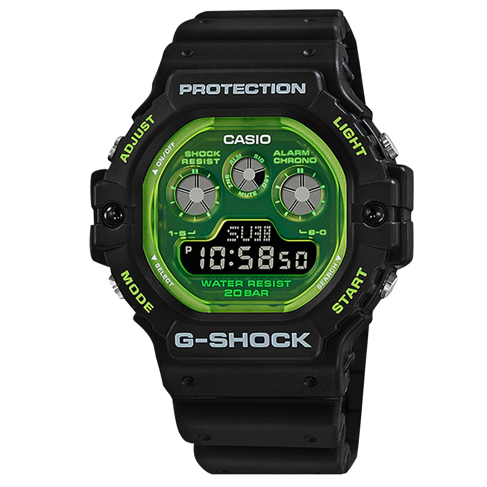 G-SHOCK CASIO / DW-5900TS-1 / 卡西歐 街頭潮流 電子液晶 防水 橡膠手錶 透綠x黑 47mm
