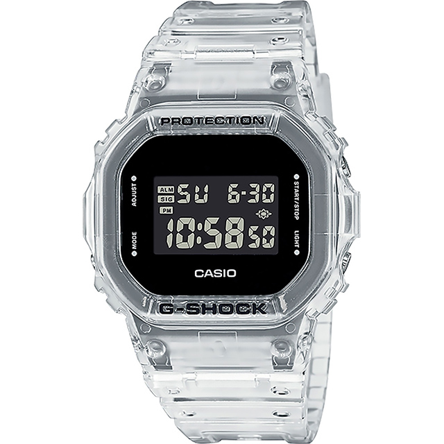 【CASIO】G-SHOCK 炫白方形復古透明數位橡膠腕錶/白(DW-5600SKE-7DR)