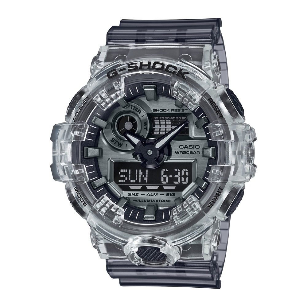 【CASIO 卡西歐】半透明金屬風格電子錶(銀GA-700SK-1A)