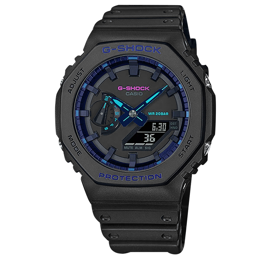 G-SHOCK CASIO / GA-2100VB-1A / 卡西歐 八角型 霓虹元素 雙顯 防水 橡膠手錶 黑色 45mm