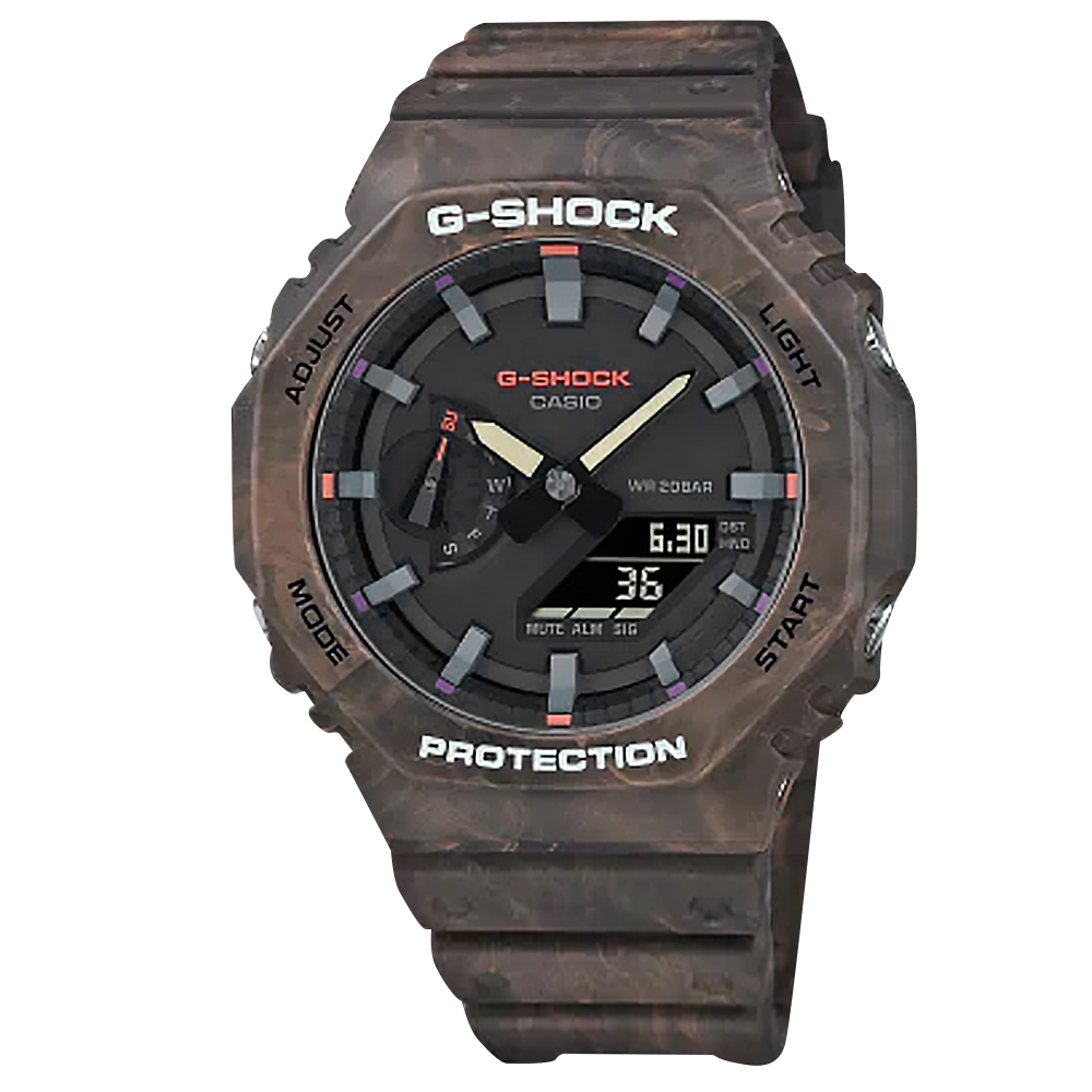 G-SHOCK CASIO / GA-2100FR-5A /卡西歐 神秘森林系列 八角型 雙顯 防水 橡膠手錶 棕色 45mm
