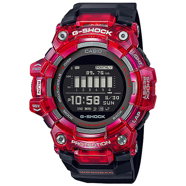 【CASIO 卡西歐】G-SHOCK 運動潮流藍牙智慧橡膠腕錶/黑x紅框(GBD-100SM-4A1DR)