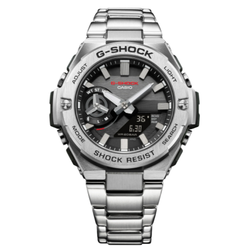 CASIO卡西歐 G-SHOCK 太陽能x藍牙連線 強悍碳纖維雙顯腕錶-銀灰 GST-B500D-1A