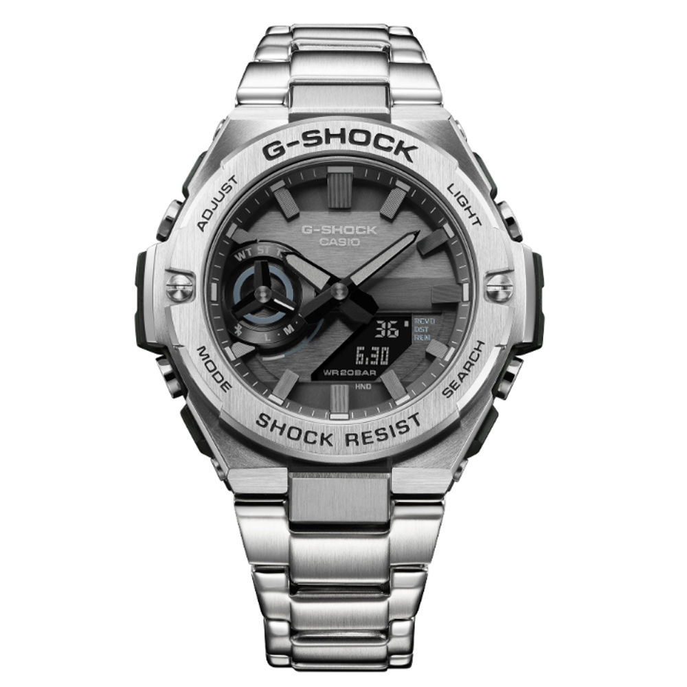 CASIO卡西歐 G-SHOCK 太陽能x藍芽連線 強悍碳纖維雙顯腕錶-灰 GST-B500D-1A1