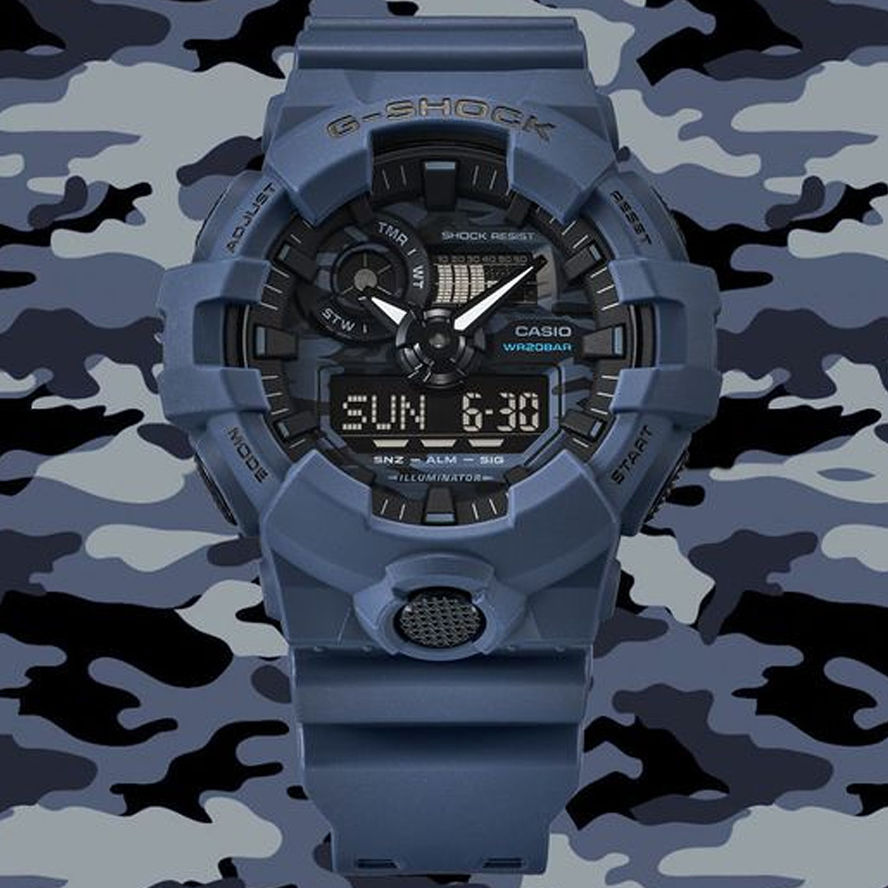 CASIO卡西歐 G-SHOCK 迷彩潮流雙顯腕錶-藍 GA-700CA-2A