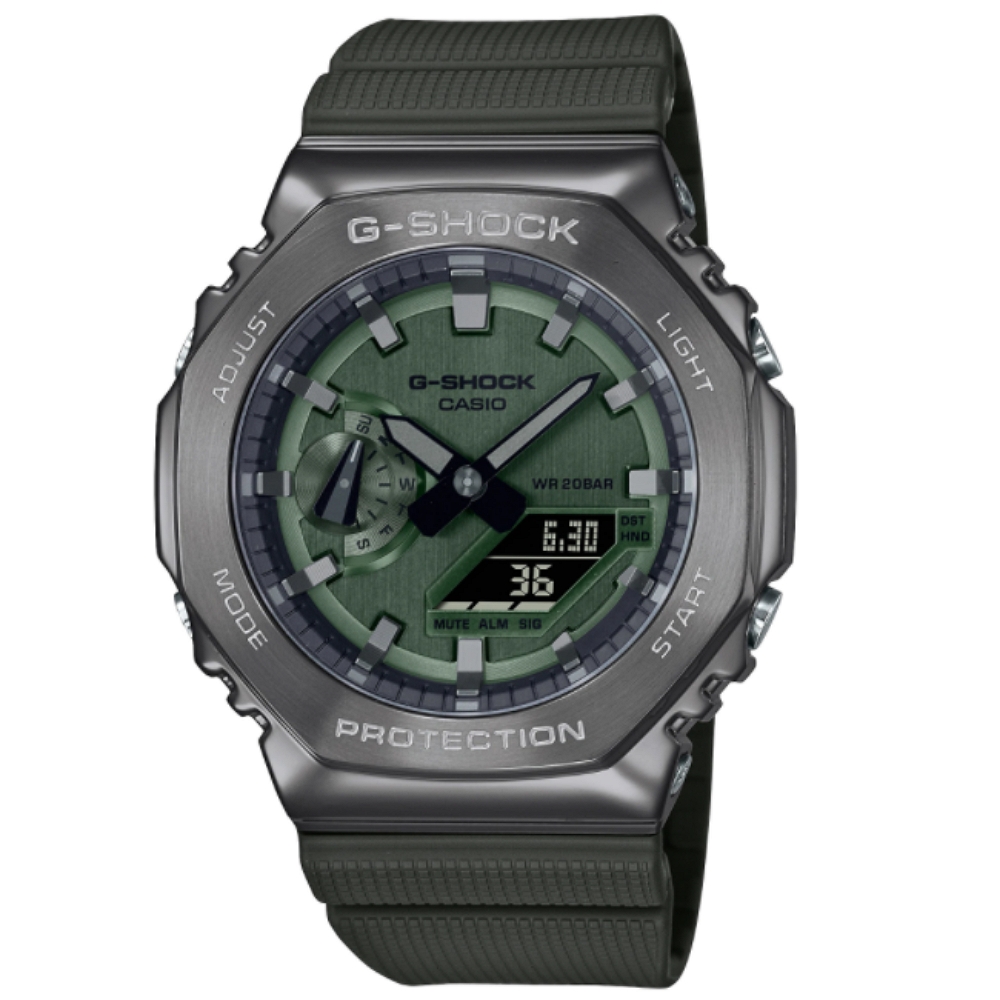 CASIO卡西歐 G-SHOCK 農家橡樹 時尚金屬雙顯腕錶-綠色 GM-2100B-3A