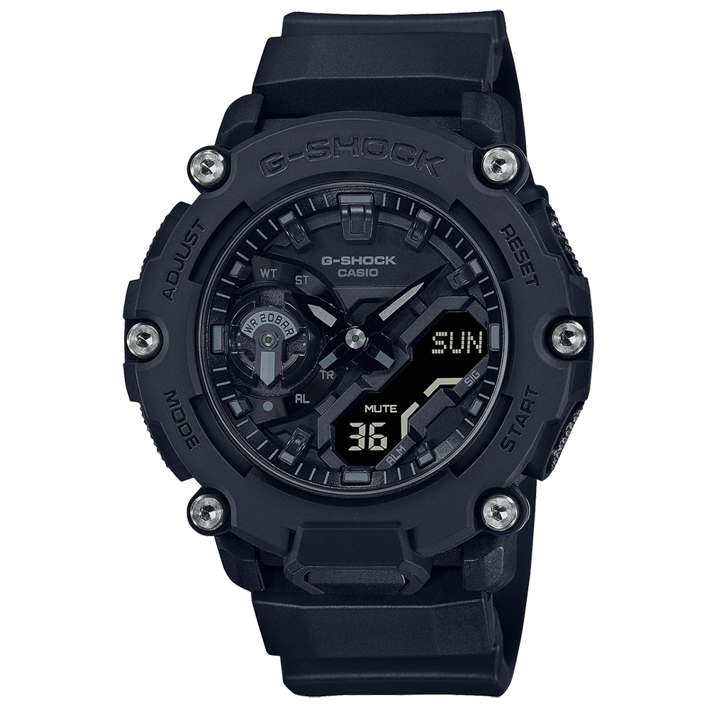 【CASIO 卡西歐】G-SHOCK 極限冒險碳纖維耐衝擊雙顯橡膠腕錶/黑(GA-2200BB-1ADR)