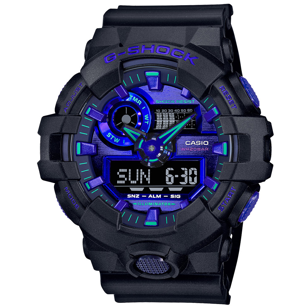 【CASIO 卡西歐】G-SHOCK 黑系動感耐衝擊運動雙顯橡膠腕錶/黑x紫面(GA-700VB-1ADR)