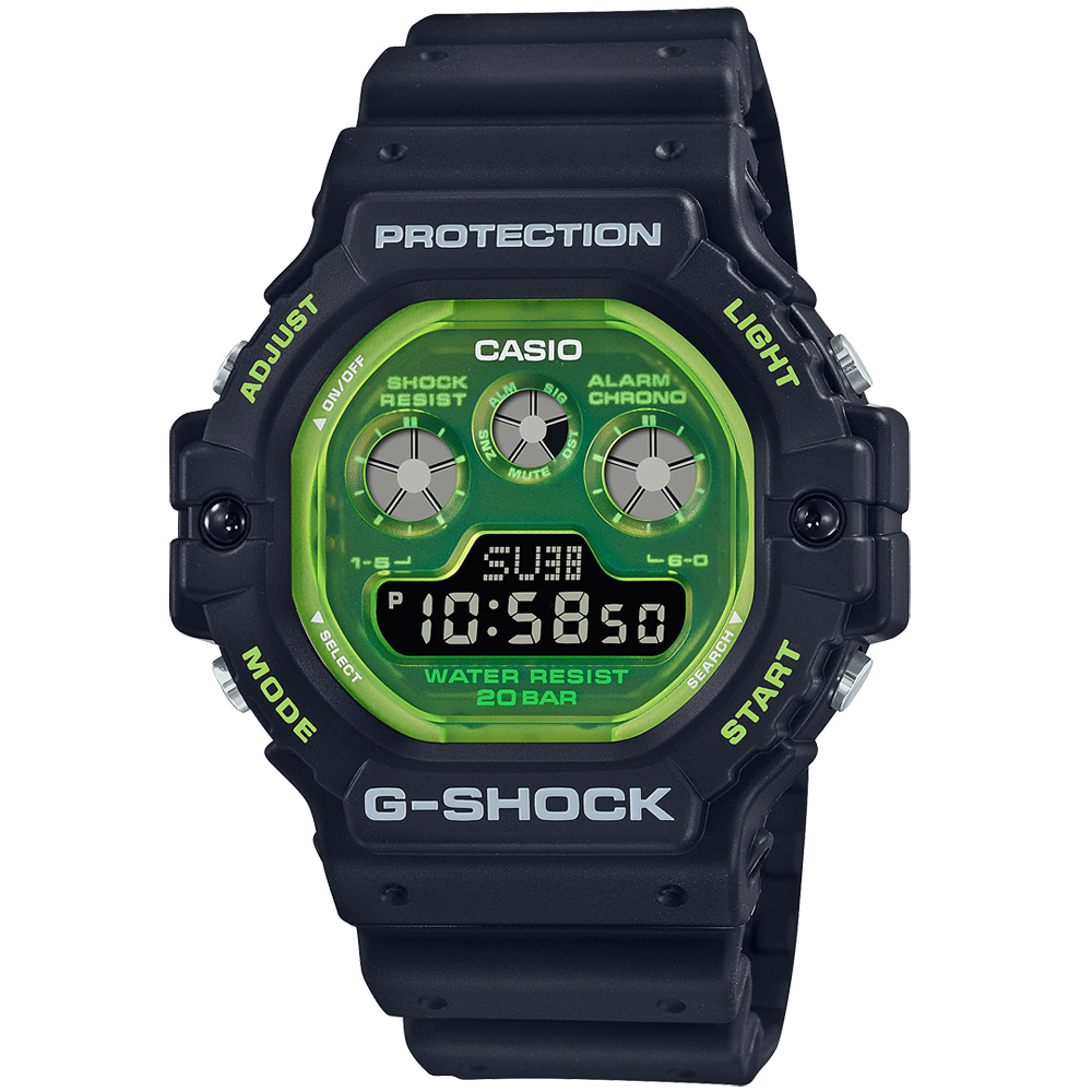【CASIO 卡西歐】G-SHOCK 耀眼夏日數位樹脂腕錶/黑x綠面(DW-5900TS-1DR)