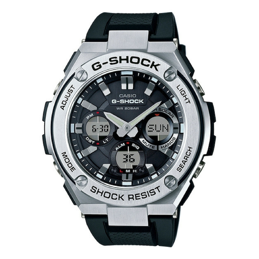 卡西歐G-SHOCK 抗震太陽能鬧鈴電子膠帶錶-黑(GST-S110-1A)