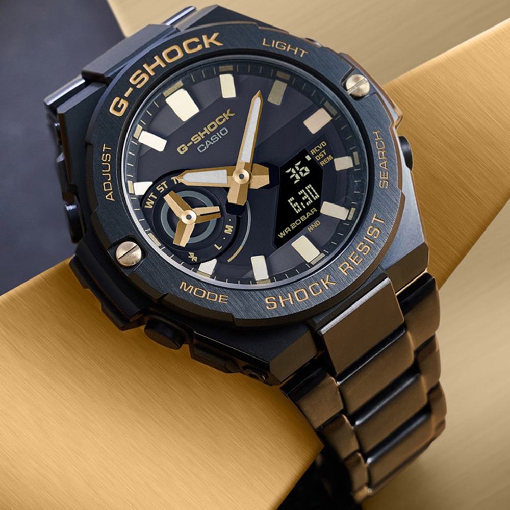 CASIO卡西歐 G-SHOCK 太陽能x藍牙連線 簡約黑金雙顯腕錶 GST-B500BD-1A9