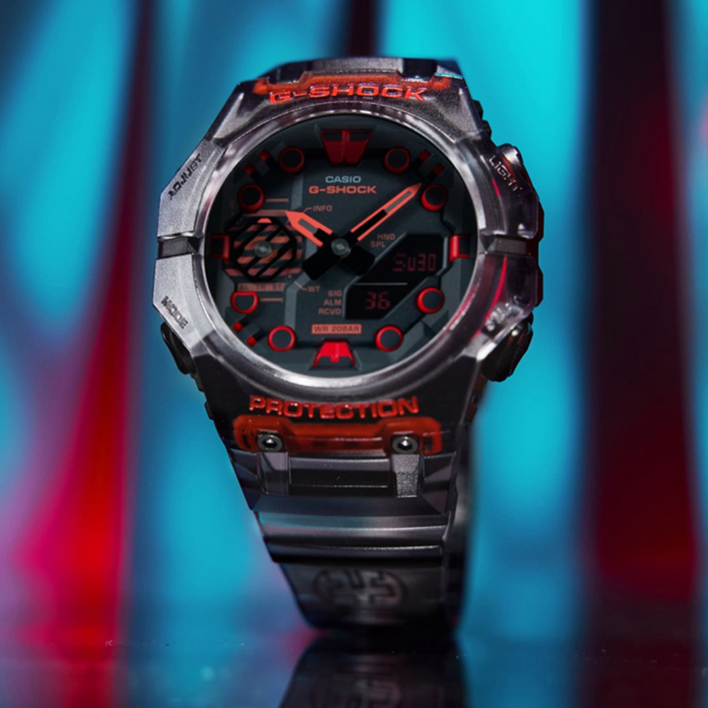 CASIO卡西歐 G-SHOCK 藍牙連線 時尚錶圈雙顯腕錶-透明黑 GA-B001G-1A