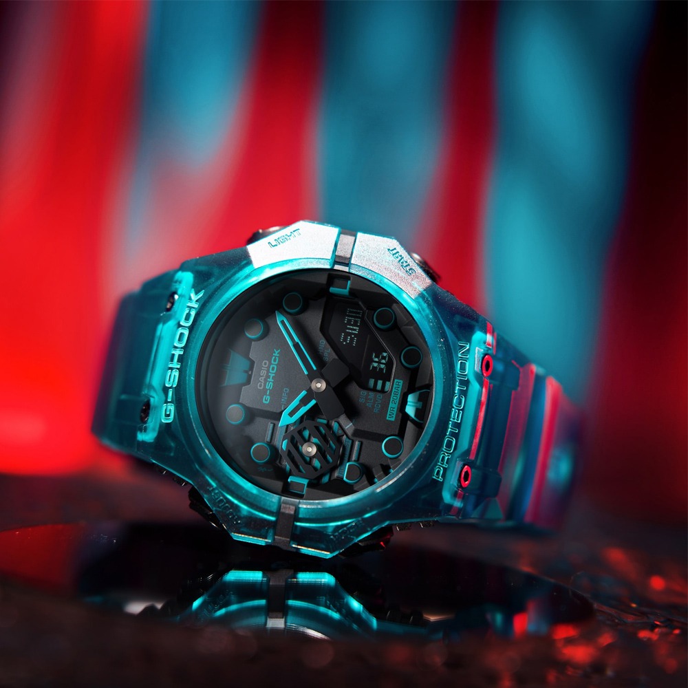 CASIO卡西歐 G-SHOCK 藍牙連線 時尚錶圈雙顯腕錶-透明藍 GA-B001G-2A