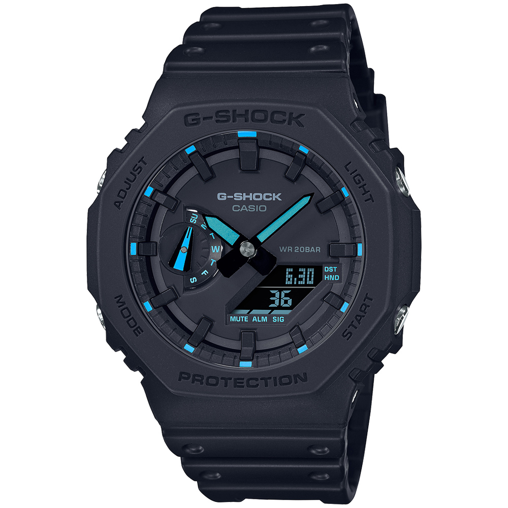 【CASIO 卡西歐】G-SHOCK 八角錶殼耐衝擊運動雙顯橡膠腕錶/黑x藍指針(GA-2100-1A2)