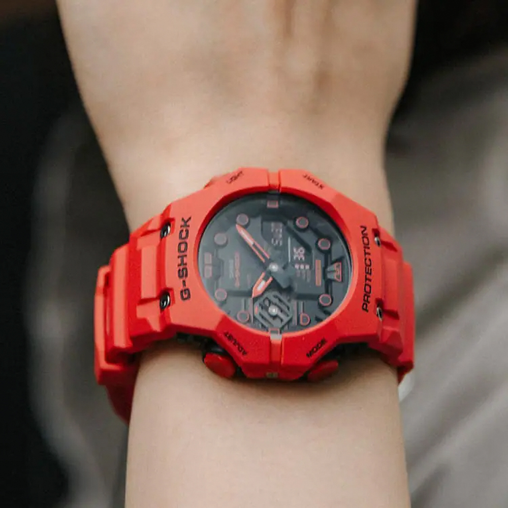 CASIO 卡西歐 G-SHOCK 藍牙連線 碳纖維核心防護雙顯手錶-火焰紅 GA-B001-4A