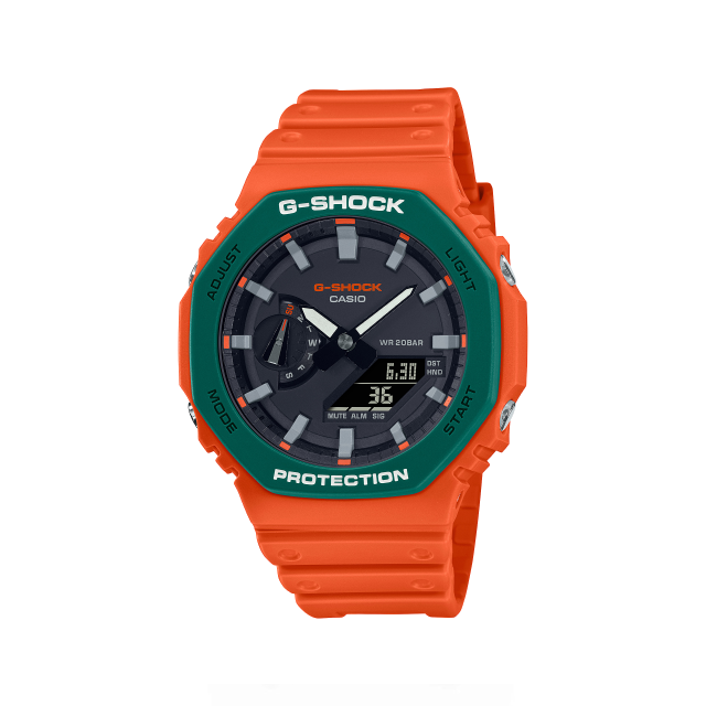 【CASIO G-SHOCK】限量動感農家橡樹八角雙顯數位腕錶-活潑橘x綠/GA-2110SC-4A