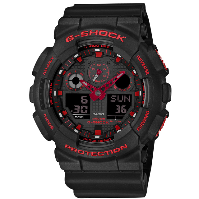 G-SHOCK CASIO / GA-100BNR-1A / 卡西歐 雙顯 計時 防水 運動衝浪 橡膠手錶 黑色 51mm