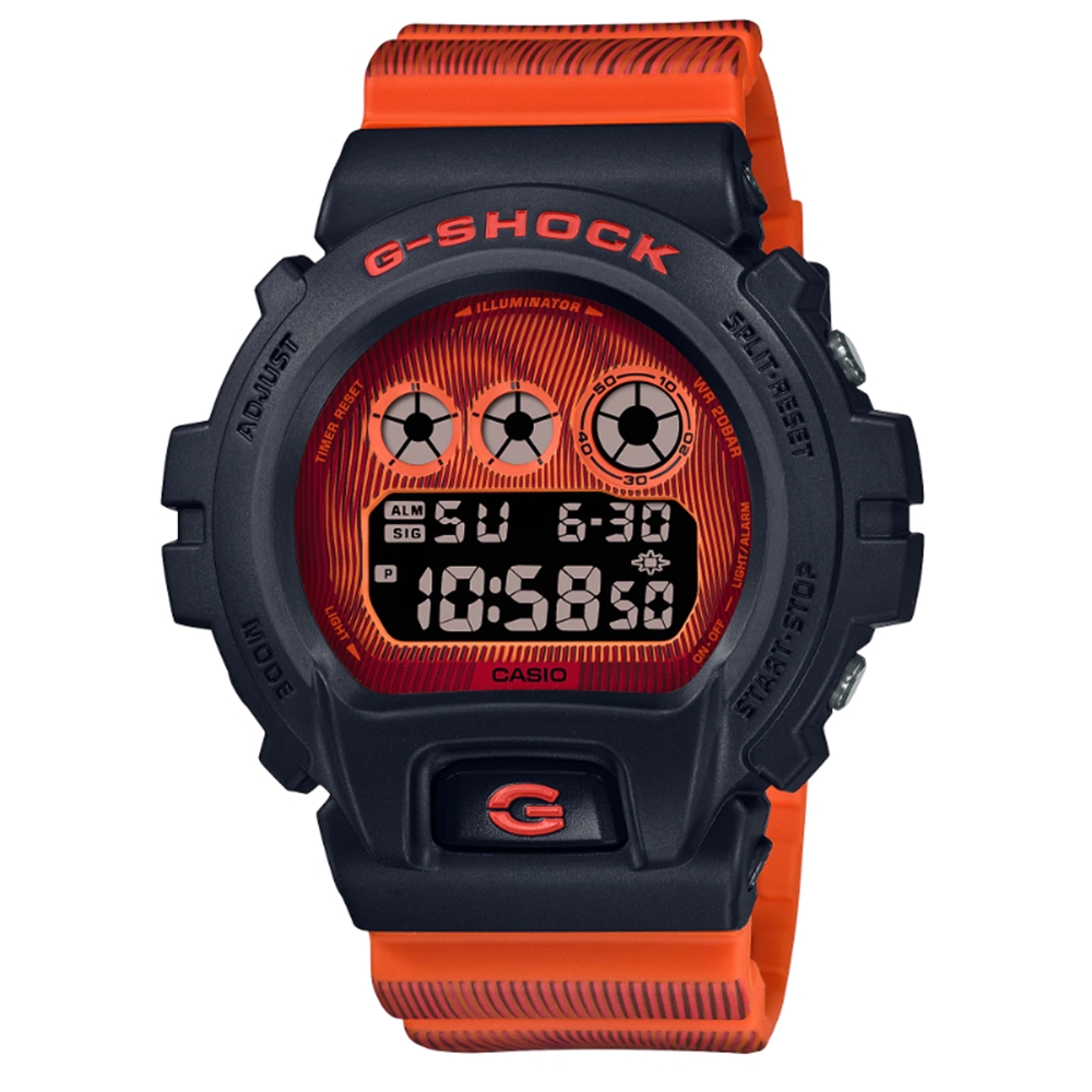【CASIO 卡西歐】 G-SHOCK 時間扭曲 科幻獨特 摩爾紋路 螢光橘 DW-6900TD-4 50mm
