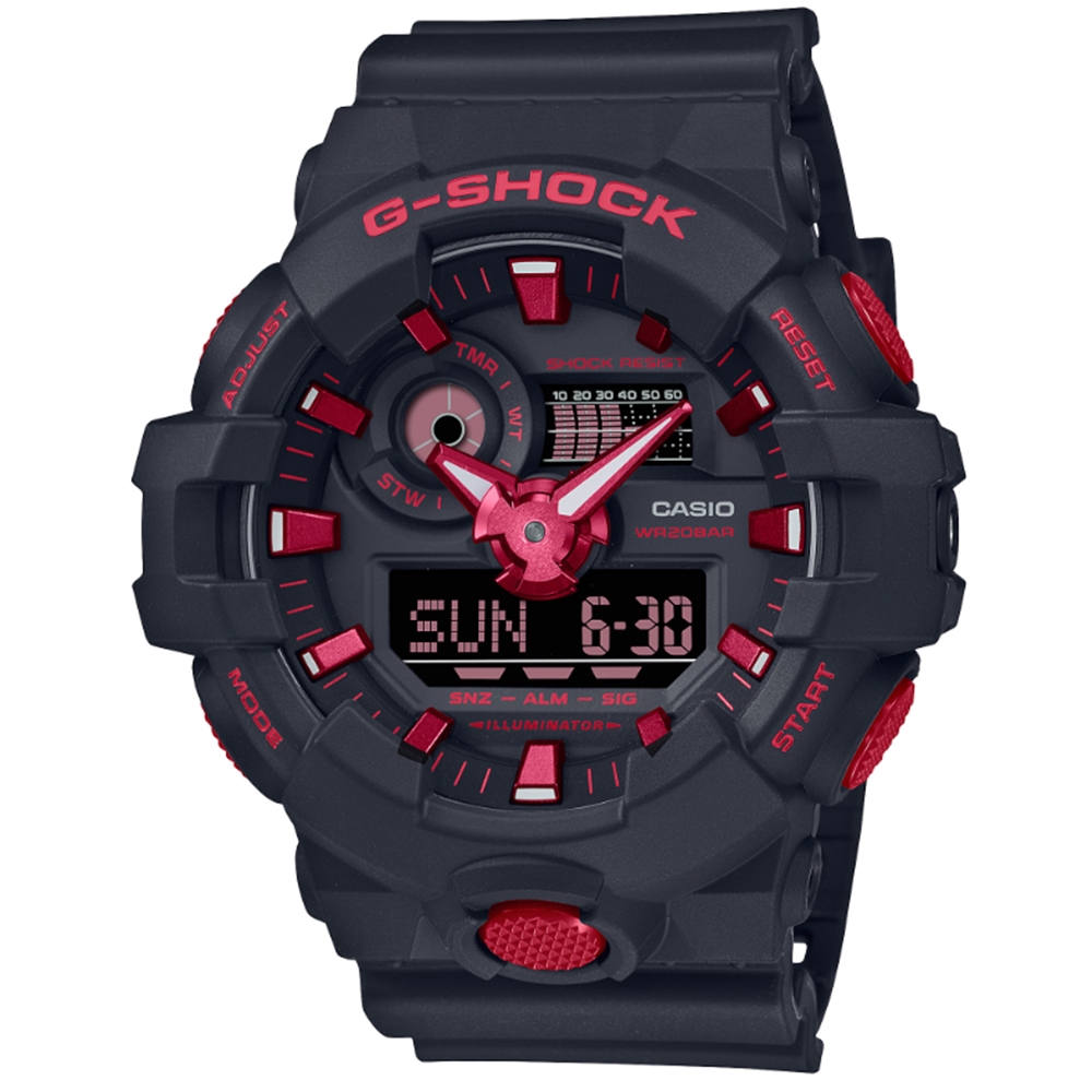 【CASIO】卡西歐 G-SHOCK 火焰紅黑雙顯手錶 GA-700BNR-1A