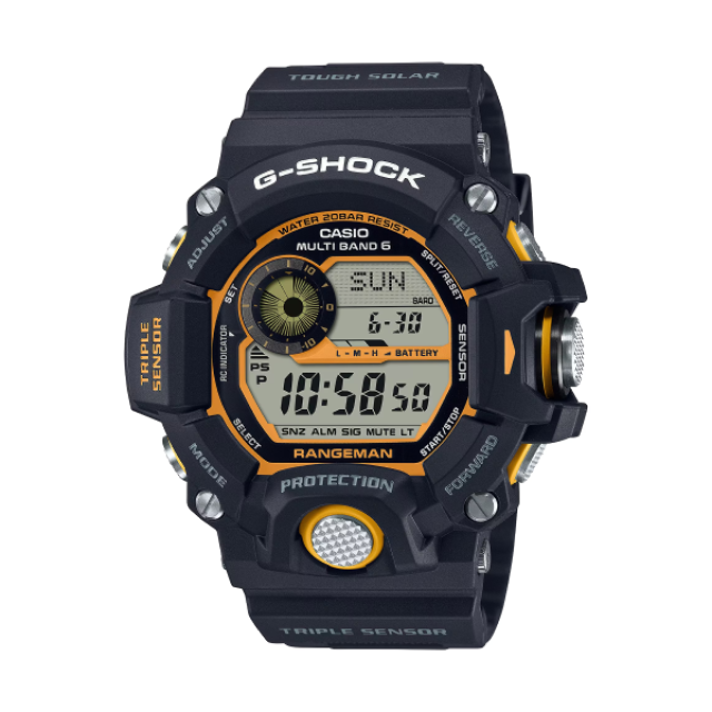【CASIO G-SHOCK】太陽能撞色多功能氣壓溫度運動腕錶-薑黃色/GW-9400Y-1