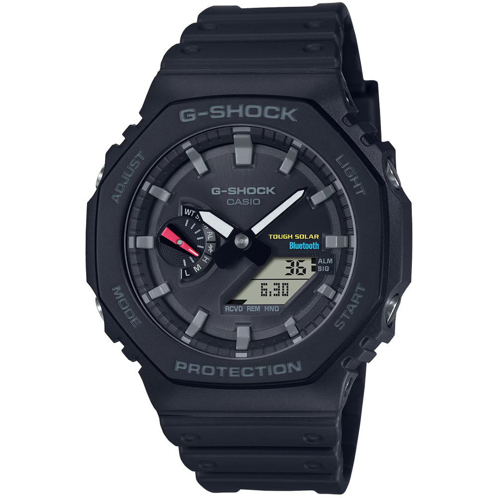 【CASIO 卡西歐】G-SHOCK 八角錶殼耐衝擊運動太陽能藍芽雙顯橡膠腕錶/黑(GA-B2100-1A)