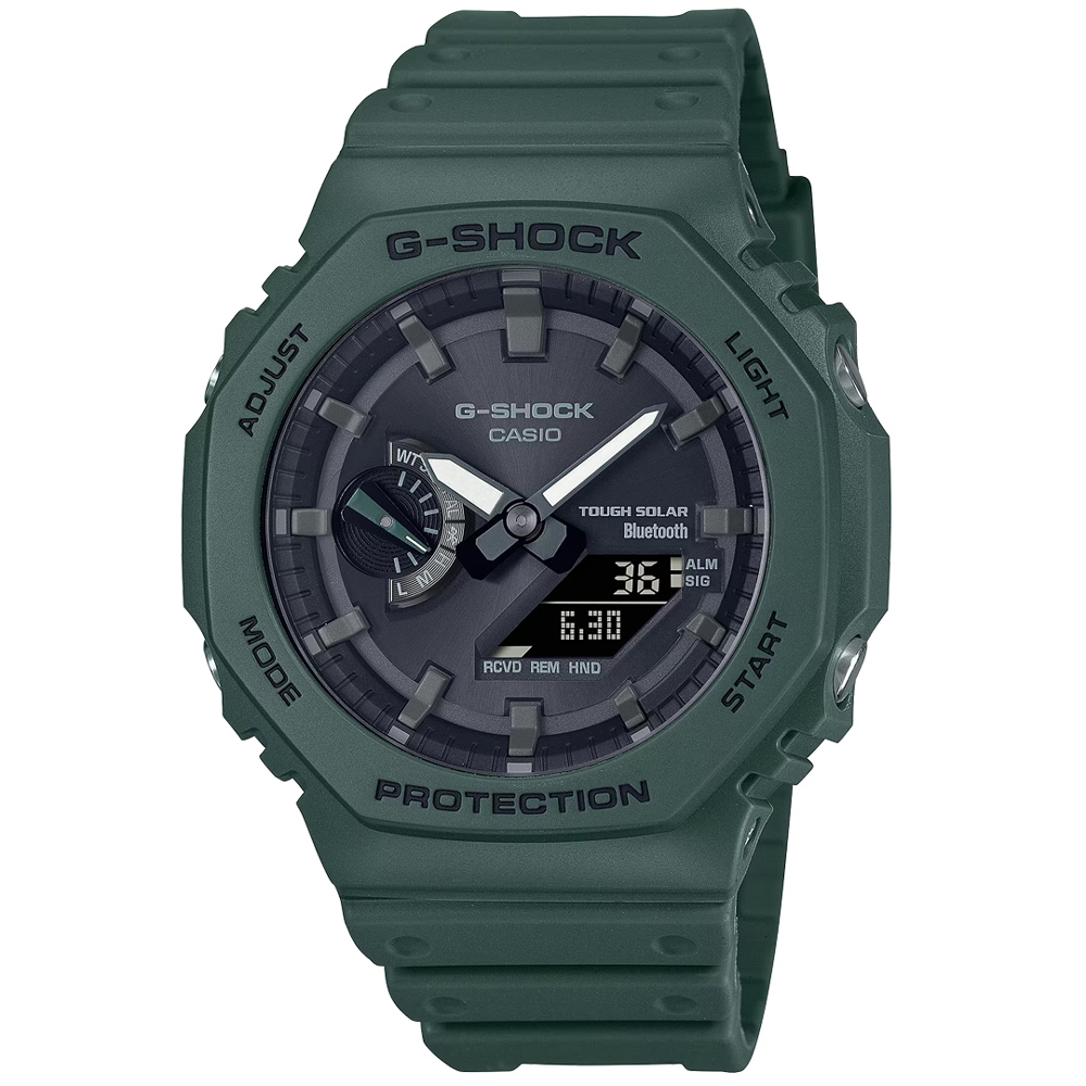【CASIO 卡西歐】G-SHOCK 八角錶殼耐衝擊運動太陽能藍芽雙顯橡膠腕錶/綠(GA-B2100-3A)