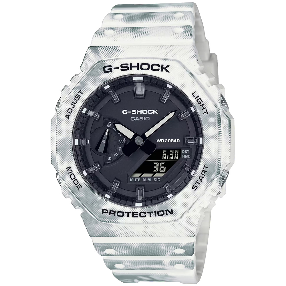 【CASIO 卡西歐】G-SHOCK 冰霜雪花八角錶殼耐衝擊運動雙顯橡膠腕錶/白x黑面(GAE-2100GC-7A)