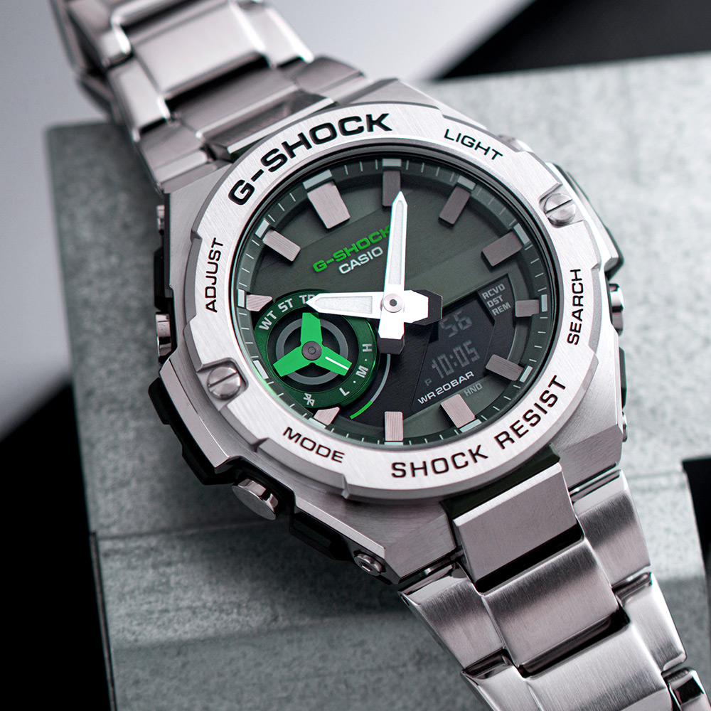 【CASIO 卡西歐】G-SHOCK G-STEEL系列 手機藍牙連線耐衝擊雙顯不鏽鋼腕錶/銀x綠面(GST-B500AD-3A)