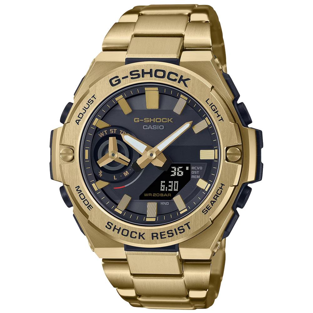 【CASIO 卡西歐】G-SHOCK G-STEEL系列 耀眼金星藍牙連線耐衝擊雙顯不鏽鋼腕錶/金(GST-B500GD-9A)