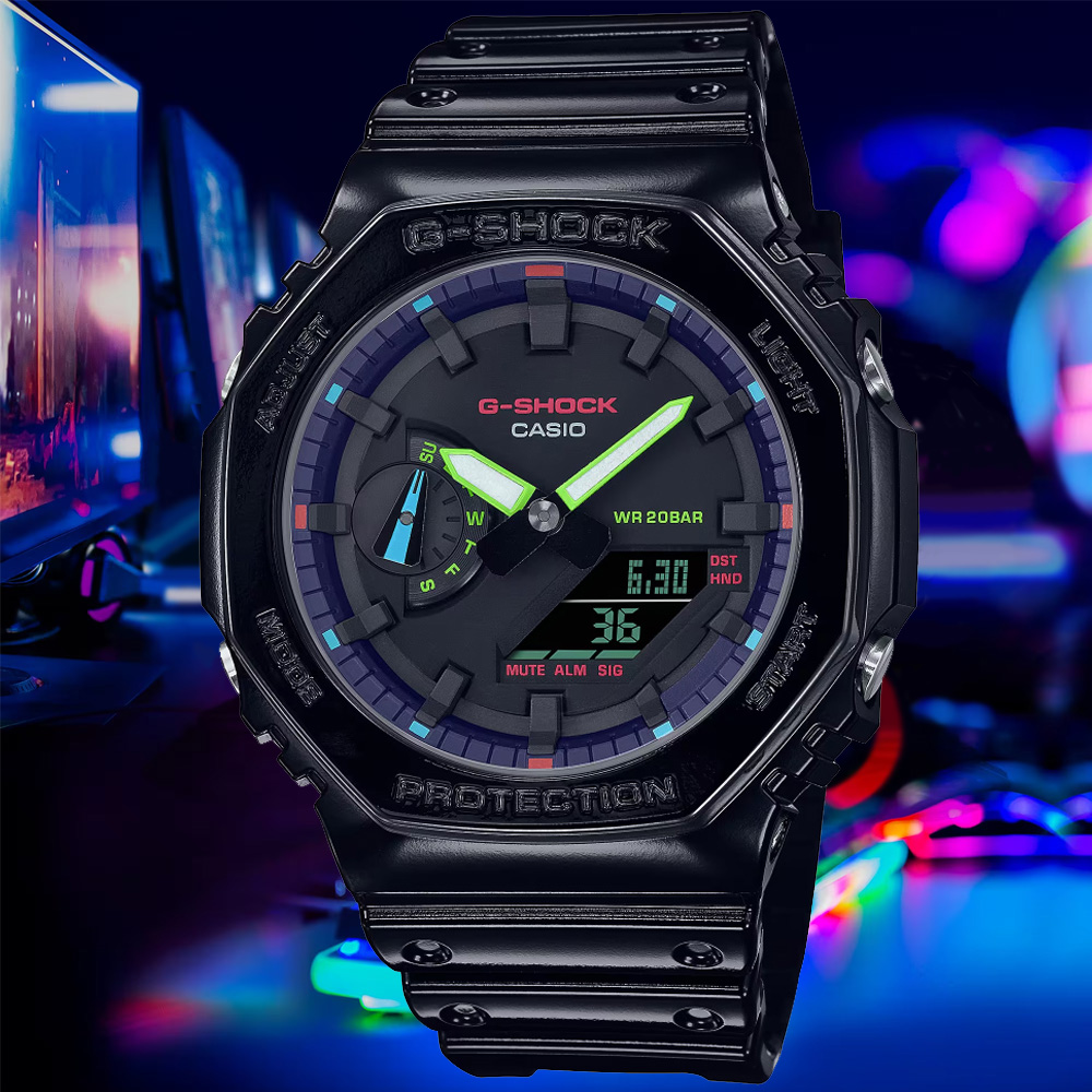 CASIO卡西歐 G-SHOCK 農家橡樹 虛擬彩虹雙顯腕錶 GA-2100RGB-1A