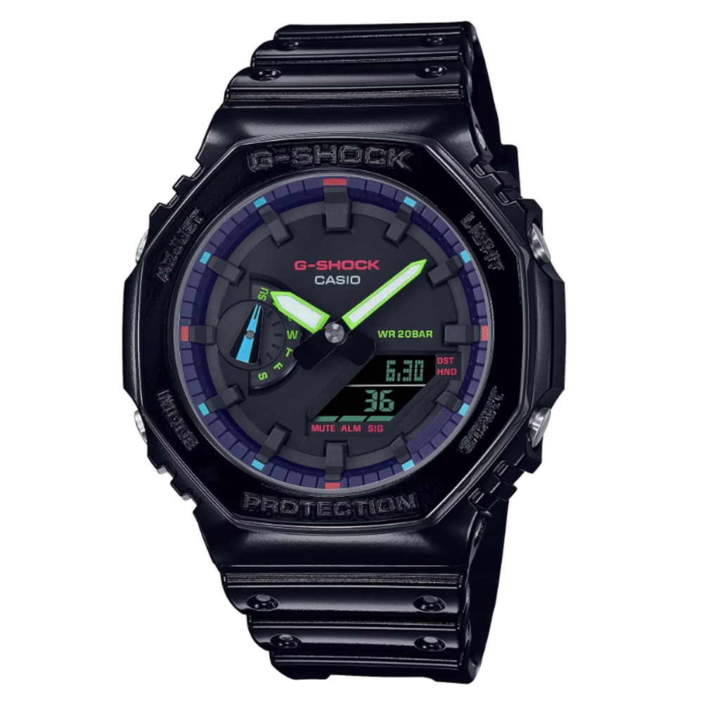 【CASIO 卡西歐】G-SHOCK 電競美學 虛擬虹光 八角形錶殼 GA-2100RGB-1A 45.4mm