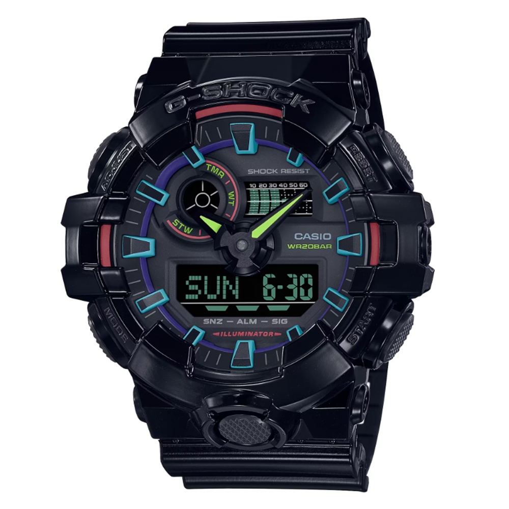 【CASIO 卡西歐】G-SHOCK 電競美學 虛擬虹光 大錶徑 雙顯系列 GA-700RGB-1A 53.4mm