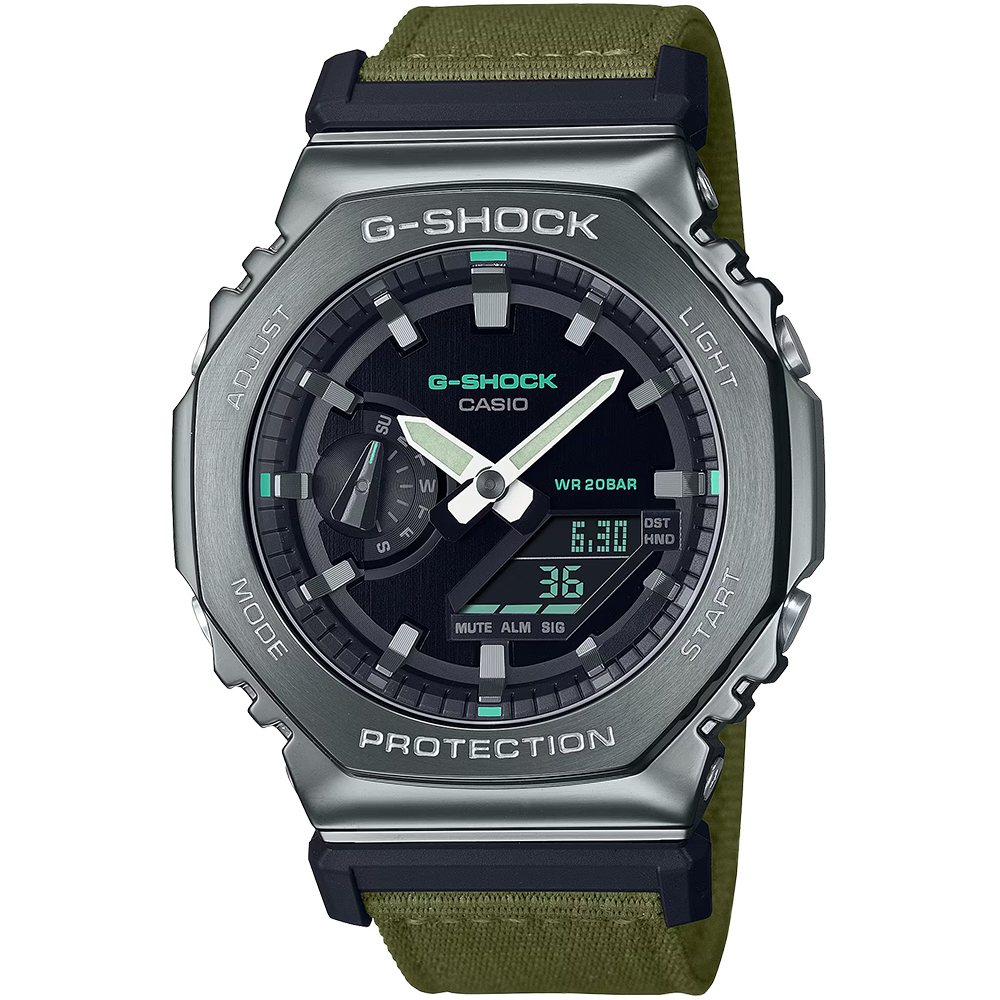 CASIO G-SHOCK 金屬X帆布農家橡樹計時錶/墨綠/GM-2100CB-3A