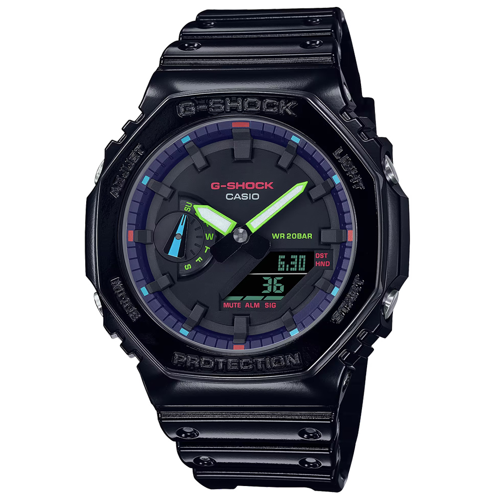 【CASIO】G-SHOCK 小精靈八角錶殼耐衝擊運動雙顯橡膠腕錶/黑(GA-2100RGB-1A)