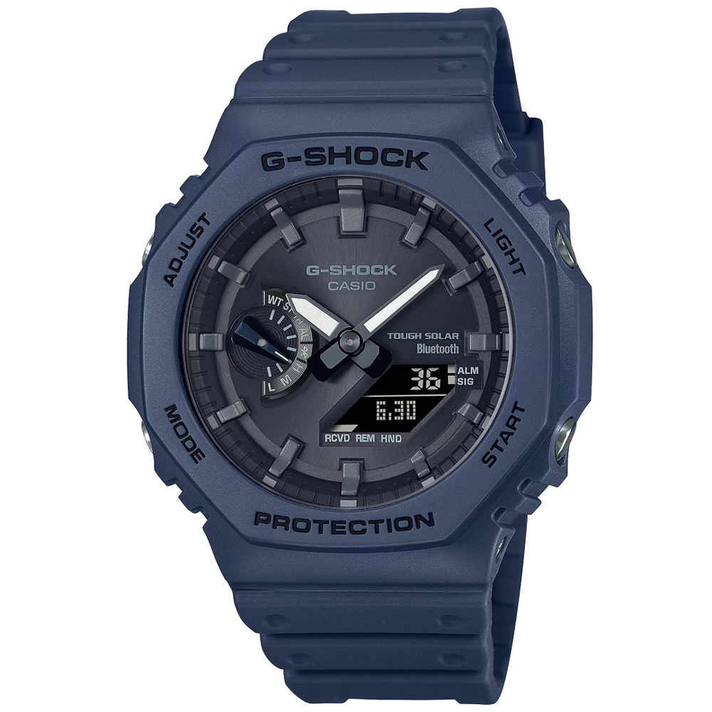 【CASIO】G-SHOCK 八角錶殼耐衝擊運動太陽能藍芽雙顯橡膠腕錶/藍(GA-B2100-2A)