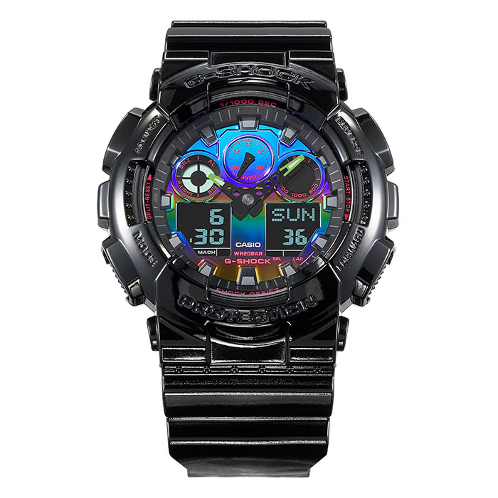 【CASIO】卡西歐 G-SHOCK 虛擬彩虹系列 GA-100RGB-1A 兩百米防水 雙顯運動電子錶 亮面黑/炫彩