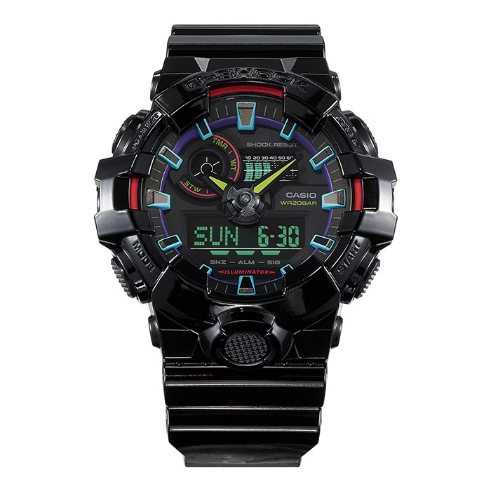 【CASIO】卡西歐 GA-700RGB-1A 虛擬彩虹 200米防水電子錶 雙顯運動錶 亮面黑