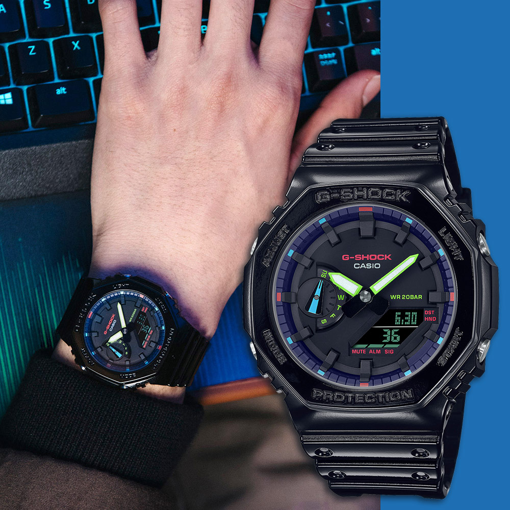 CASIO 卡西歐 G-SHOCK AI 探索虛擬彩虹系列雙顯錶(GA-2100RGB-1A)