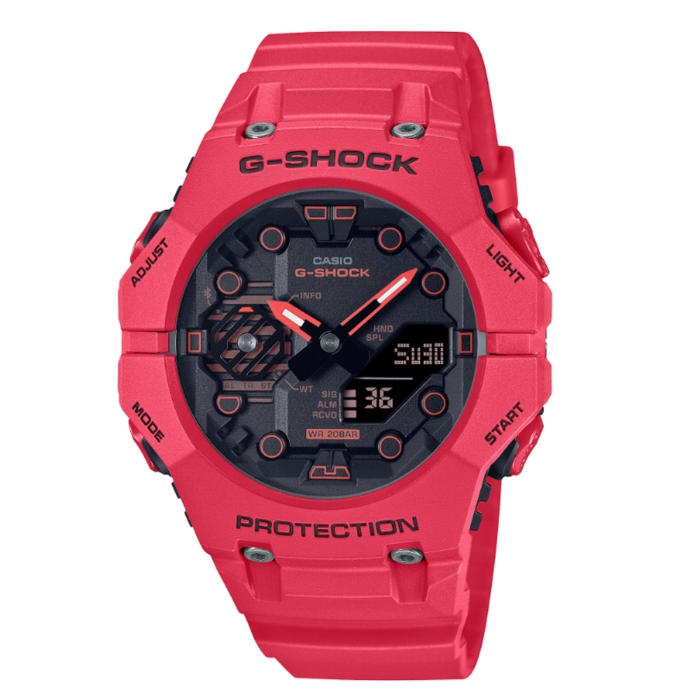 【CASIO 卡西歐】G-SHOCK 藍牙連線 碳纖維核心防護雙顯手錶-火焰紅 GA-B001-4A