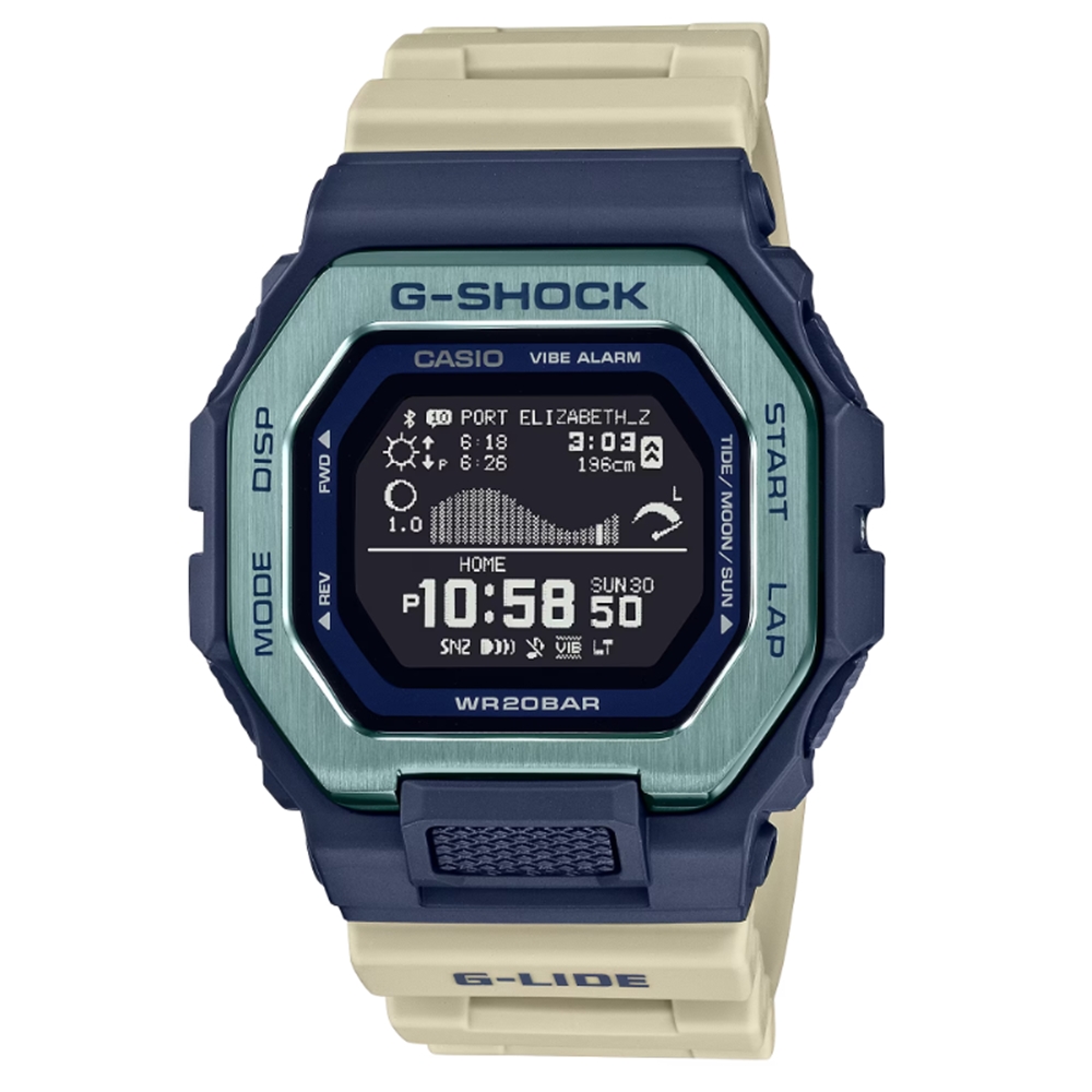 【CASIO 卡西歐】G-SHOCK G-LIDE系列經典設計衝浪者潮汐電子錶_白X藍_GBX-100TT-2_46mm