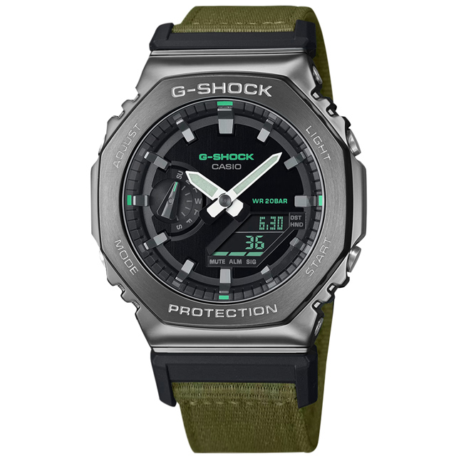 G-SHOCK CASIO / GM-2100CB-3A / 卡西歐 軍事風格 八角金屬 帆布手錶 黑x灰框x軍綠 45mm