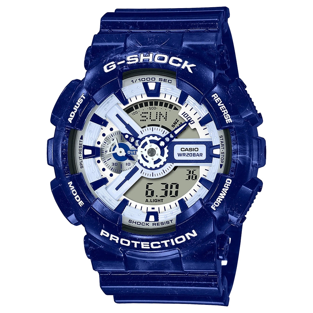 【CASIO 卡西歐】G-SHOCK 青花瓷系列 雙顯手錶 GA-110BWP-2A