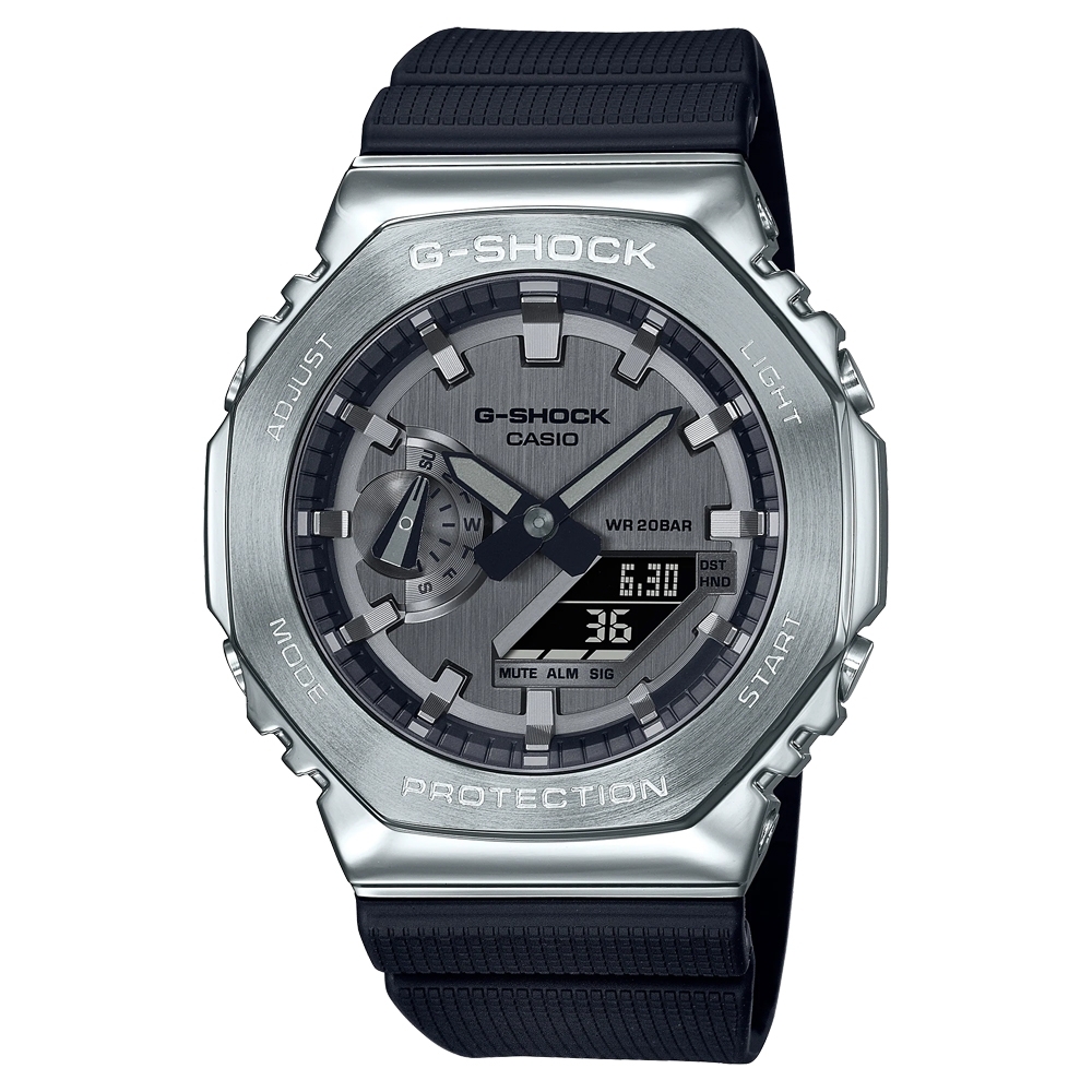 【CASIO 卡西歐】G-SHOCK 百搭銀黑 金屬錶殼 八角形錶殼 GM-2100-1A_44.4mm